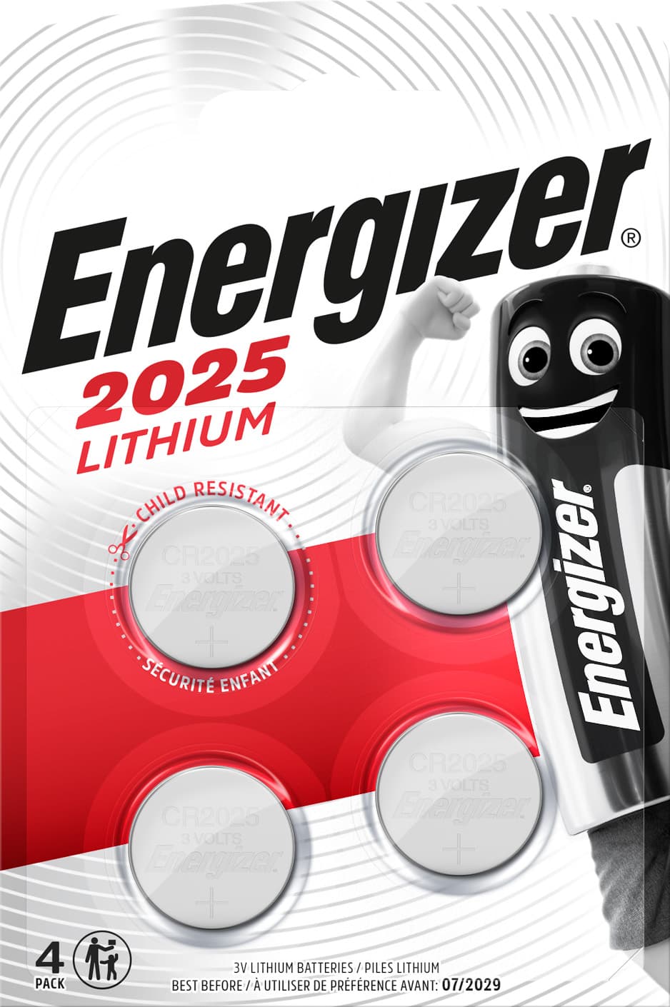 Pile bouton Energizer au lithium, CR2025, 3 V, emballage blister (lot de 4)