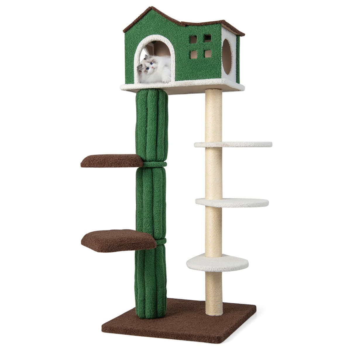 CostwayArbre à Chat de 153 CM avec 5 Plateformes de Saut Rotative et Condo Tour de Jeu pour Chat avec Dispositif Anti-Renversement Vert