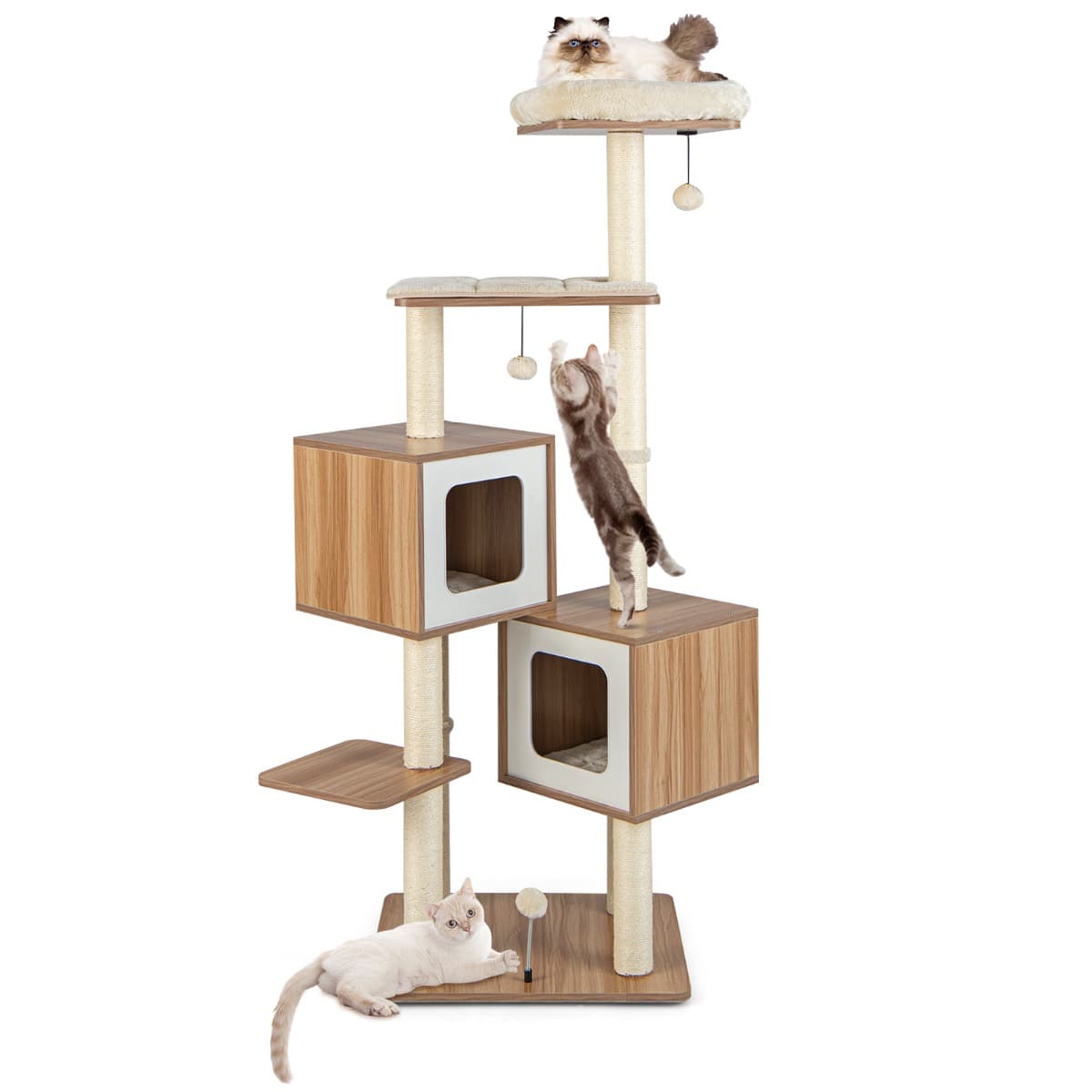 CostwayArbre à Chat en Bois 163 CM avec 3 Plateformes 2 Niches 3 Balles Griffoirs en Sisal Perchoir Coussins Lavables Naturel