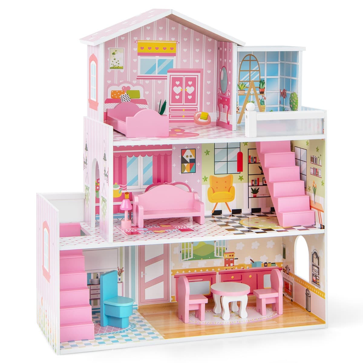 CostwayMaison de Poupée en Bois 11 Accessoires à 3 Etages 60 x 25 x 70 cm Cadeaux pour Enfants 3 Ans+ Rose