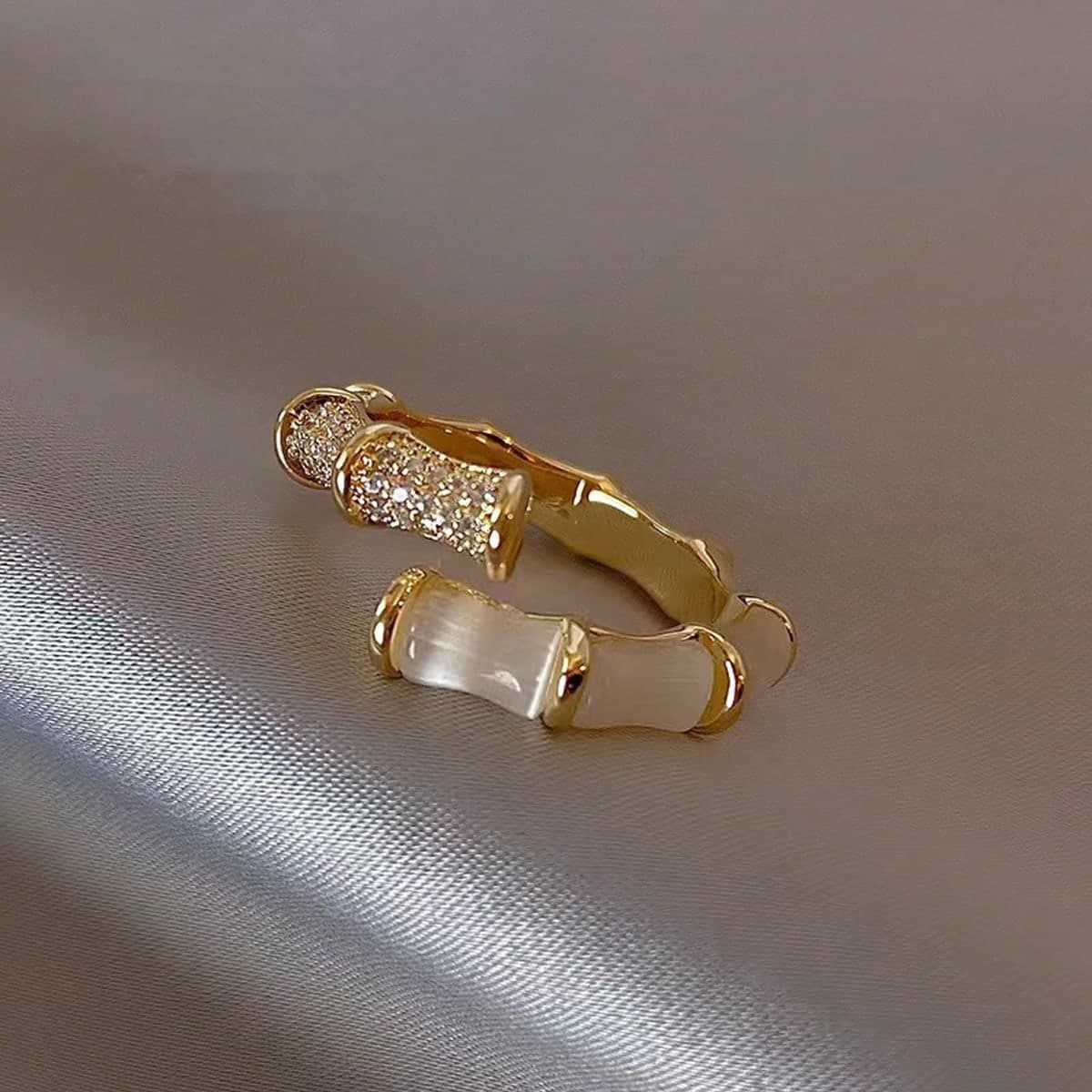 1 pièce Bague branchée en bambou pour femme avec pierre œil de chat accrocheuse, design ouvert, bague de luxe tendance légère pour le doigt index