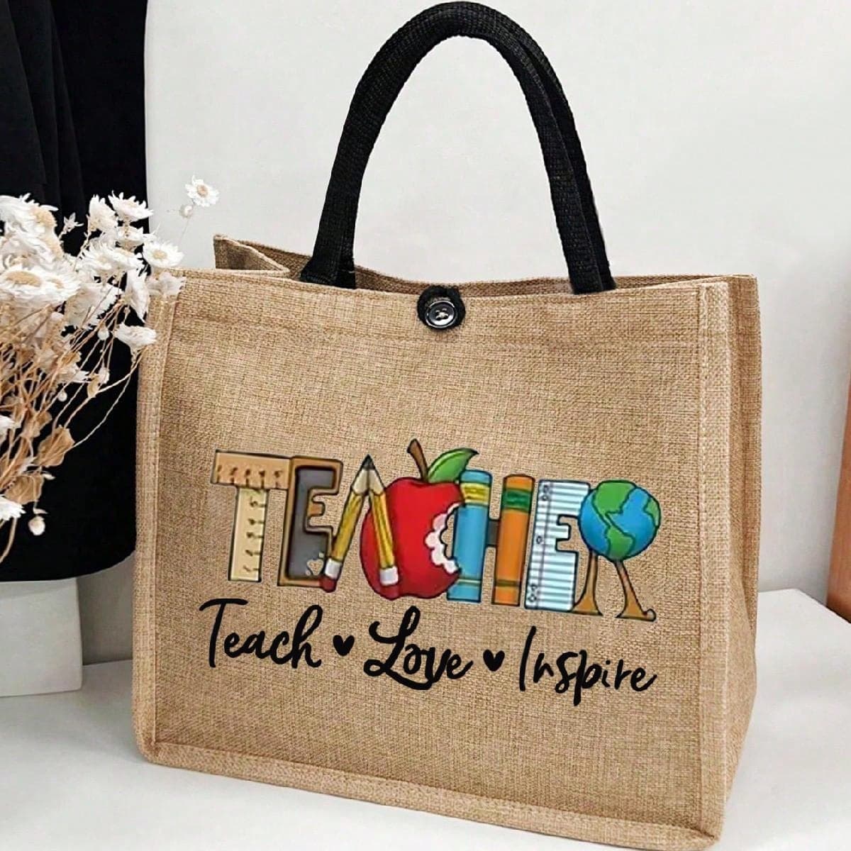 Sac fourre-tout en lin imprimé de lettres créatives, sac cadeau Merci Enseignant, sac léger de voyage pour la plage et pour le shopping, cadeaux