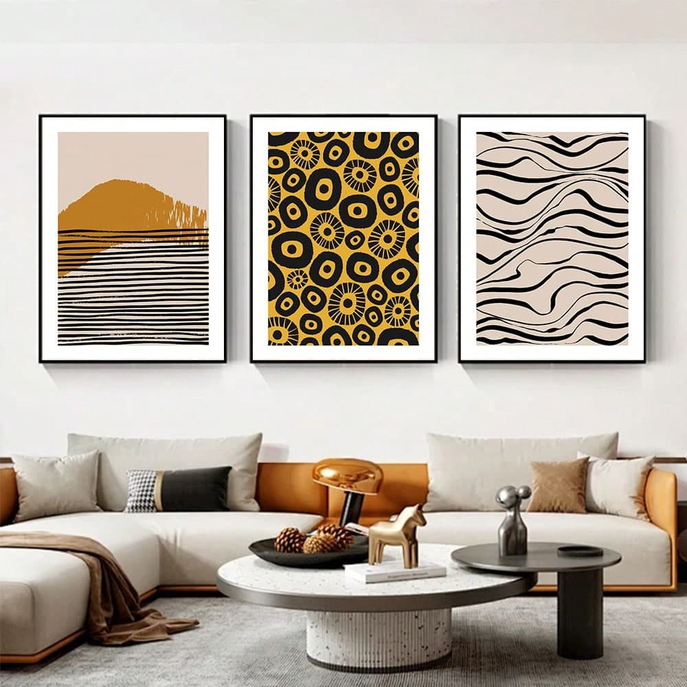 1 pièce Poster imprimé sur canevas, art moderne, design de vague noire avec bande jaune accrocheuse, espace halo, motif abstrait, style nordique