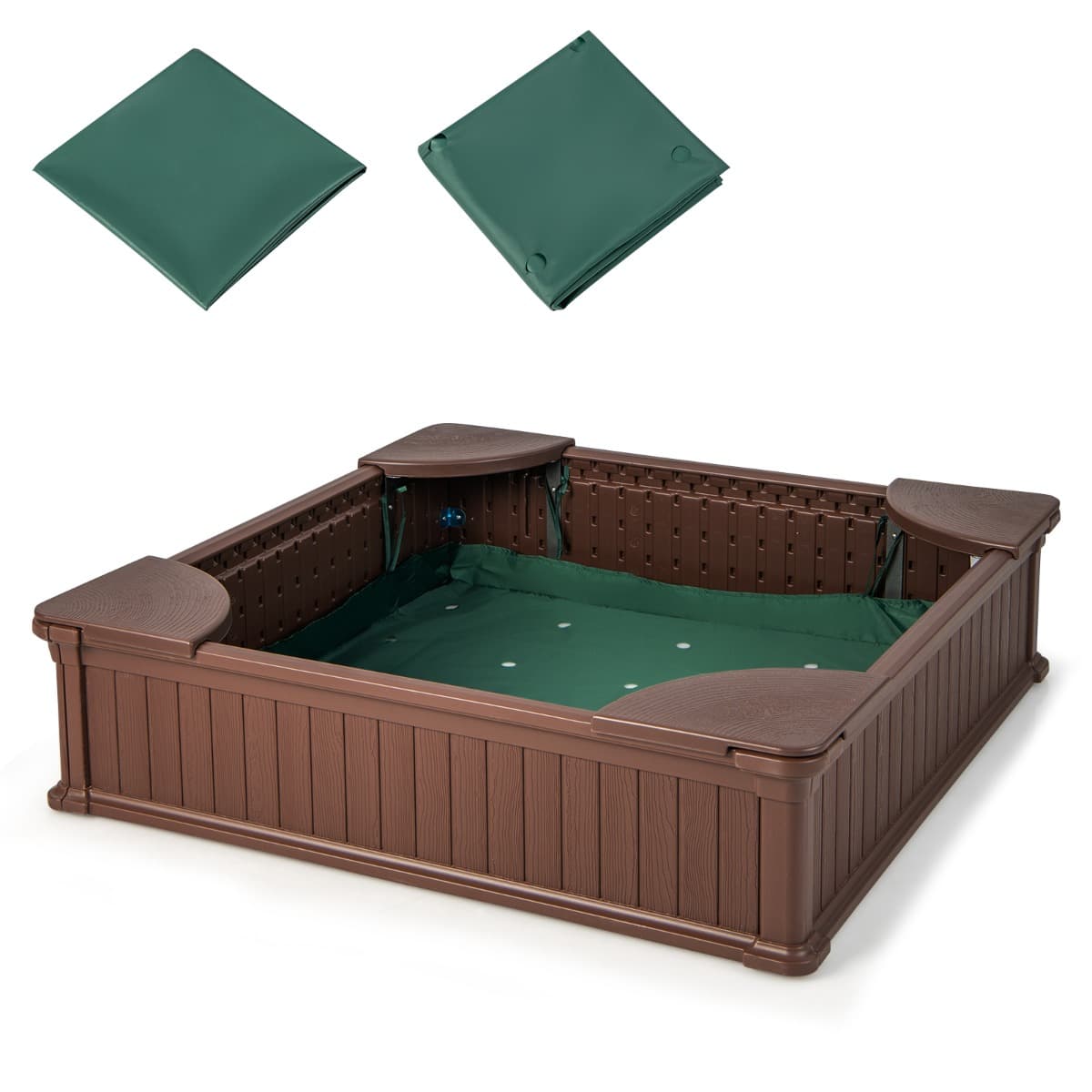 CostwayBac à Sable Enfants Carré en HDPE avec 4 Sièges d'Angle Bac à Sable avec Couvercle en Oxford et Doublure de Sol Charge 50kg pour 4 Enfants de