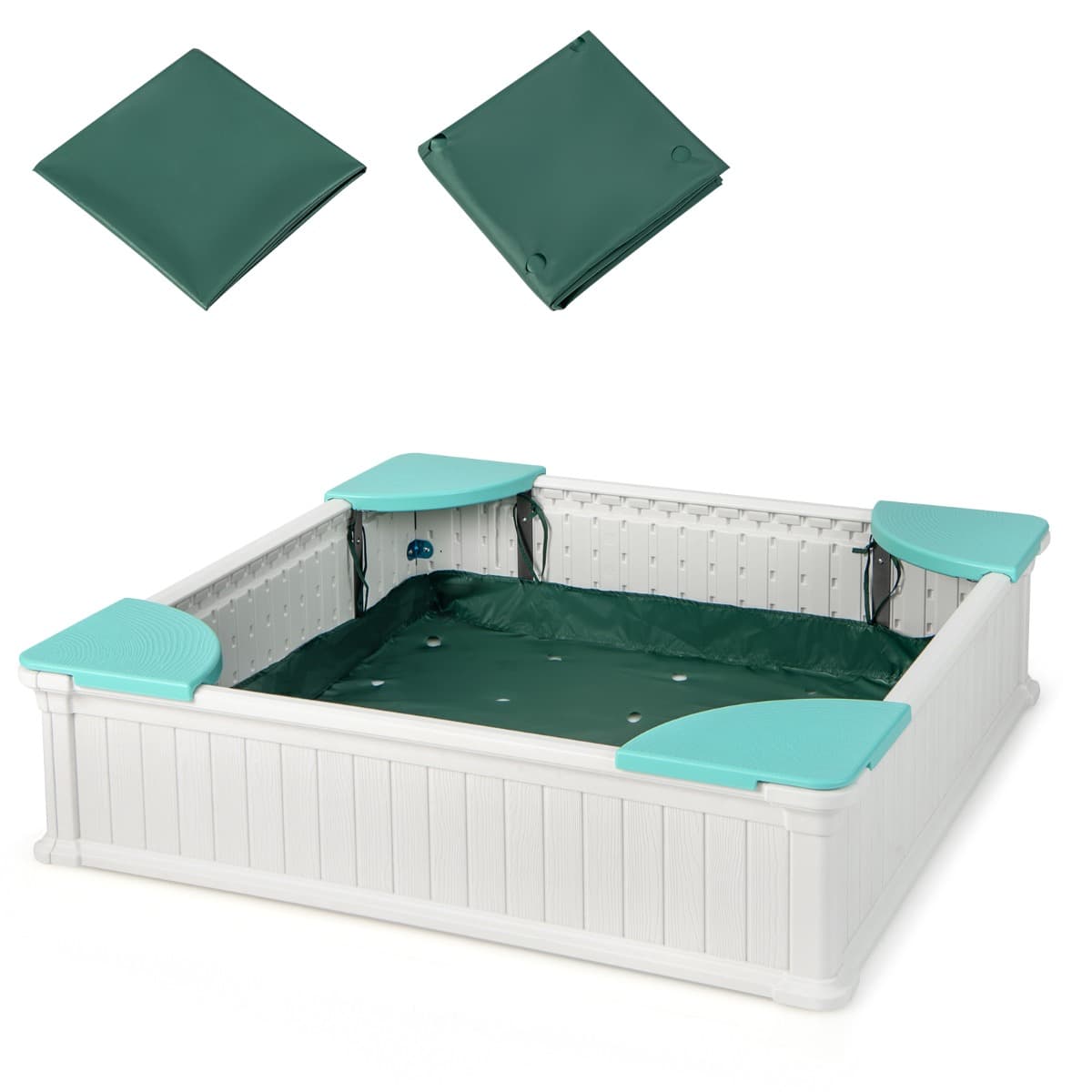 CostwayBac à Sable Enfants Carré en HDPE avec 4 Sièges d'Angle Bac à Sable avec Couvercle en Oxford Charge 50kg pour 4 Enfants de 3 Ans+ Blanc
